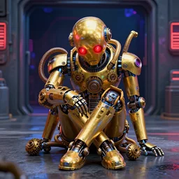 on the wet concrete floor a sitting golden and blue metal humanoid steampunk robots wearing and gears and tubes, head is bowed in sadness, eyes are glowing red lightbulbs, shiny crisp finish, 3 d render, 8 k, insaneley detailed, fluorescent colors, background is backdoor entrance to a futuristic nightclub, nightlight