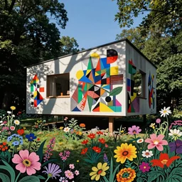 ( ( gediminas pranckevicius ) ) house by kengo kuma, art by syd mead and malevich, summer morning, very coherent, sharp, colorful high contrast, dark shadows, hard lighting, floralpunk flower garden, inking etching screen print paper cutout collage