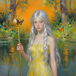 fey queen of the summer forest, fine features, holding a golden scepter, thin, young, silver shimmering hair, butterflies, by brian froud, bright orange yellow green, colors reflecting on lake, oil on canvas, oil panting