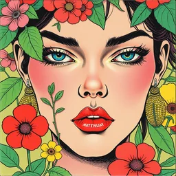 risograph grainy drawing futuristic sci - fi antagonist face wearing earrings, photorealistic colors, face covered with plants and flowers, by moebius and satoshi kon and dirk dzimirsky close - up portrait, hyperrealistic