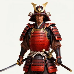 Miyamoto Musashi, 35 years old, wearing heavy red samurai armor, holding 2 swords, digital art