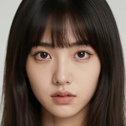 a burnette with bangs and large brown eyes and expressive eyebrows giving a pensive look