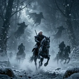 the wild hunt, spectres of the night, otherworldly wraiths, bad omens, riding in the sky amongst a blizzard chaotic storm, enchanted forest, fog, snow, ice, dreamy, from the witcher series, cinematic, breathtaking, vfx, octane, arnold, physically based rendering, cgi, concept art, fan art, trending in artstation, 8 k, uhd, dark fantasy