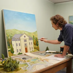 an artist revisiting an old painting after a few more years of practice, diorama by wes anderson