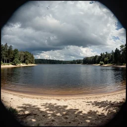 centered photograph of center of the lake, a dark lake sandy shore on a cloudy day, color film, beach trees in the background, hyper - detailed kodak color film photo, anamorphic lens