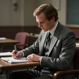 an imperial agent from star wars, in gray formal suit, sitting in the back of a college class, writing rigorous notes on the upcoming midterm test