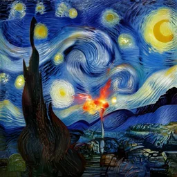 the starry night with a cenimatic michael bay explosion by vincent van gogh