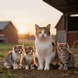 aesthetic calico cat in a barn with kittens, panorama, full - hd, furry, sunrise,