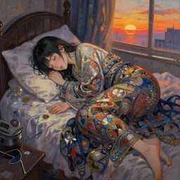 beautiful young girl in intricate clothing by ross tran, sleeping in a messy bedroom designed by joanna gaines, at sunset, painted by sana takeda, reflections, very high intricate details, painting by liu xiaodong, digital anime art, medium shot, mid - shot, composition by ilya kuvshinov, lighting by greg rutkowski