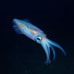 a bioluminescent squid drifts in the quiet, dark abyss, photorealistic