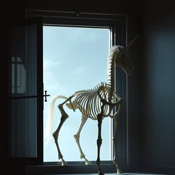 a photograph of a unicorn horse skeleton standing next to an open window, dramatic lighting, cinematic