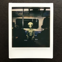 aged polaroid photo of a tiny alien in a london subway, gloomy, grainy