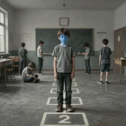 a very boring day in school, kids playing hopscotch, painting by quint buchholz and ray caesar, muted colors, gray, dull, boring, low energy, pale blue faces, very detailed
