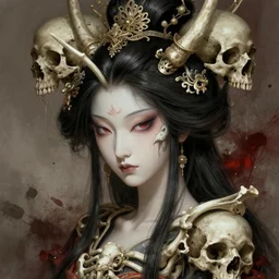stunning japanese goddess of skull portrait, bones, skull, dirt, bloody background fantasy, intricate, elegant, highly detailed, digital painting, artstation, concept art, smooth, sharp focus, illustration, art by afshar petros and krenz cushart and artem demura
