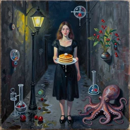 a portrait in a dark laneway, a woman holding pancakes, streetlamps, wet, puddles, berries dripping, scientific instruments, ikebana, octopus, neo - expressionism, surrealism, acrylic and spray paint and oilstick on canvas