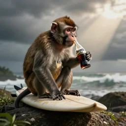 monkey on a surfboard sipping bepis cola