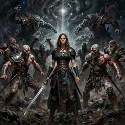 an ultra detailed matte landscape painting of the kate beckinsale as hunter from bloodborne teaming up with kratos from god of war, killing the great ones, epic fantasy, grimdark realism, cosmic horror, crossover space, ultrawide lens, intricate, highly detailed, digital painting, concept art, sharp focus, octane render, art by greg rutkowski and alphonse mucha and rembrandt, 8 k