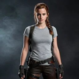 Lara Croft cosplay by Emma Watson, 8k, professional photography, cinematic studio shot, dark, smoke