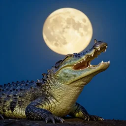 Crocodile with wolf snout  and wolf ears howling, yellowish full moon in the night sky, extremely detailed, 8K