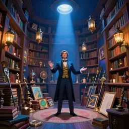A Magician's chamber, filled with books, magic artifacs and magic weapons, lanterns, light from above, blue toned, vibrant colors, by andreas rocha and john howe, and Martin Johnson Heade, featured on artstation, featured on behance, golden ratio, ultrawide angle, f32, well composed, rule of thirds, center spotlight, low angle view