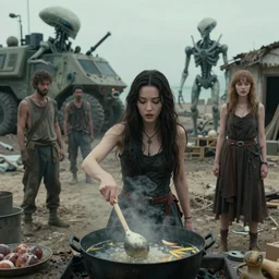 she makes the deep boil. dark fantasy about casually - dressed women with male humans in dirty seaside town, a globster, and beautiful song. color!! cinematic still from a 2 0 1 1 action - packed hunting!!! hybridizing!! alien - robot invasion science - fiction movie by chris mars. assimilating alien military vehicles and weapons.