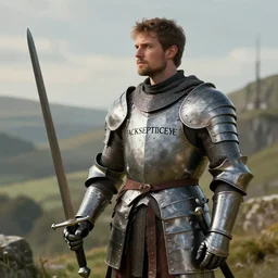 Jacksepticeye in Irish medieval armor inscripted with text holding short sword and looking into a distance, digital art