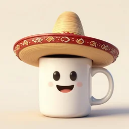 animated anthropomorphic coffee mug wearing a mexican sombrero