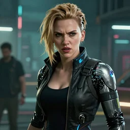 angry cybernetic scarlett johansson after a bad mission in Cyberpunk 2077. CP2077. 3840 x 2160