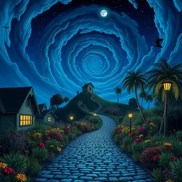 blue hour, moonlight night stars, curled perspective digital art of spiral clouds cobblestone street with wildflowers top of a hill with spiral palmtrees by anton fadeev from nightmare before christmas. lorax