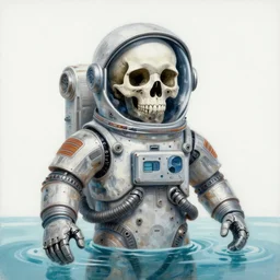 an artistic painting shows a skull wearing a space suit and a white background that is made from metal parts and is surrounded by water with a