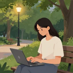a girl working on her laptop, city park, street lighting, greg rutkowski, digital painting