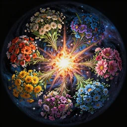 An epic fantastic realism comic book style painting of the most beautiful spinning flower bundles into the dark cosmos, fisheye, a star explodes in flowers, unreal 5, DAZ, hyperrealistic, octane render, dynamic lighting
