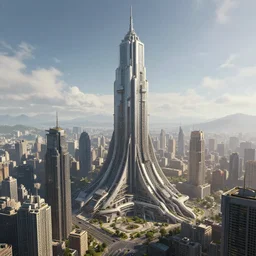 highly detailed concept art of monumental huge tower in the cyberpunk city center trending on Artstation by Daniel Dociu and Greg Rutkowski, high quality, nomadic urbanism, sci-fi, futuristic, architecture
