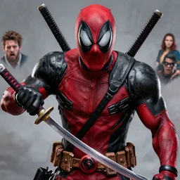 highly detailed closeup portrait of a mutated venom symbiote in deadpool suit with a fierce expression, wielding his katana, by atey ghailan, by greg rutkowski, by greg tocchini, by james gilleard, by joe fenton, by kaethe butcher, red, black, crimson and grey color scheme