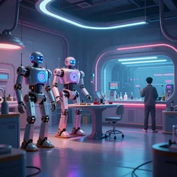 concept art, retro - futurist robot repair workshop, neon glow, volumetric lighting, strong shadows, soft reflections, glowing robot motifs, octane render, curves, syd mead, akihiko yoshida, cinematic