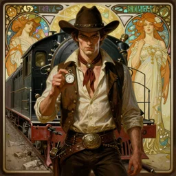 a dramatic ethereal epic symmetrical painting of a handsome villainous cowboy standing in front of a train locomotive | his shirt is unbuttoned and he has a pocketwatch | tarot card, art deco, art nouveau, ( steampunk ), homoerotic, realistic | by louis comfort tiffany and alphonse mucha | trending on artstation