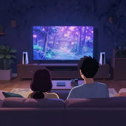 backview of a couple sitting on a sofa watching a big tv in a a tastefully decorated living room with gaming consoles and a radio set up anime background, wallpaper, featured on artstation, detailed line artwork, wallpaper, dark blueish purple colors ghibli studios. 4 k