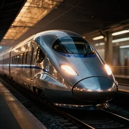 a 3 5 mm photo of a futuristic high speed rail train with led lights and neon with chrome details, dark, chiaroscuro, splash art, movie still, bokeh, canon 5 0 mm, cinematic lighting, dramatic, film, photography, golden hour, depth of field, award - winning, anamorphic lens flare, 8 k, hyper detailed, 3 5 mm film grain