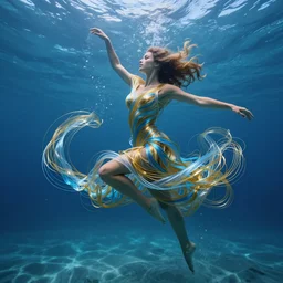 a woman with a body made of millions of thin ribbons and threads of translucent gold and blue that are twisting, swirling, and pulling apart in the swift current is dancing in an underwater landscape, caustics lighting blue water from above, highly detailed, realistic, octane render