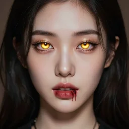 portrait beautiful korean female, bulgasal, doll face portrait, glowing amber golden eyes, blood in teeth, raphael lacoste, eddie mendoza, alex ross, concept art, matte painting, highly detailed, rule of thirds, dynamic lighting, cinematic, detailed, denoised, centered