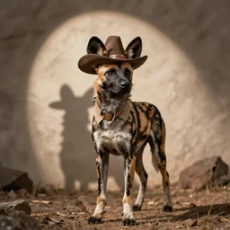 A Wild West photo of the world's greatest sheriff: an african painted dog dressed in a hat!