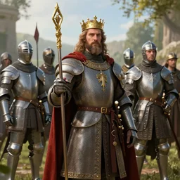king of a country and all his knights, realistic, 8 k, extremely detailed, cgi, trending on artstation, hyper - realistic render, by greg rutkowski