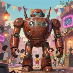 memorable animation key shot, anime movie screenshot, kids climbing up the giant bulbous rusty robot schwerer gustav!!!!, bunting, neon, dim lanterns, grafitti!!, trash, reflections, ghibli, themepark, by mandy jurgens, by satoshi kon, ilya repin, lena aenami, daylight pastel color palette