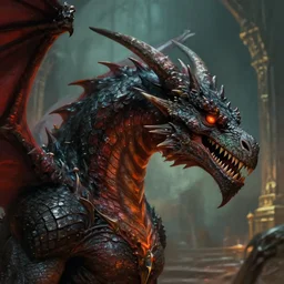 dungeons and dragons evil dragon character closeup side profile portrait, dramatic light, dungeon background, 2 0 0 mm focal length, painted by stanley lau, painted by greg rutkowski, painted by stanley artgerm, digital art, trending on artstation