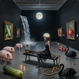 painting of a flooded art gallery, black bench seat, a tall emo girl, a glowing brain, moonlight, a smouldering canoe and knotted hemp rope, candles, art gallery interior with black walls, pigs, courgette, waterfall, pomegranates, octopus, zen, sensual, liminal space, black swans, berries, surrealist, by magritte and monet