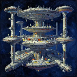 complex alien technology in the form of a large space station, with different sections and levels, each with its own purpose by don maitz and paul gauguin, style of global illumination