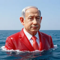 a giant benjamin netanyahu sculpture made out of juicy red jelly, in the sea, long shot, hyper detailed, hyper realistic, ray tracing, 8 k resolution, sharp focus, realistic water, award winning