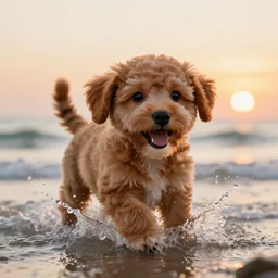 a closeup photorealistic photograph of a cute smiling tiger bichon puppy splashing in the surf during sunset. professional capture, well lit shot. this 4 k hd image is trending on artstation, featured on behance, well - rendered, extra crisp, features intricate detail, epic composition and the style of unreal engine.