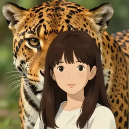 realistic tender sweet portrait of a young cute girl near a realistic jaguar type e, symmetrical eyes, portrait illustration, trending on artstation, characterdesign, sharp focus, illustration, art by ruan jia, ghibli, elena shumilova, leah robinson
