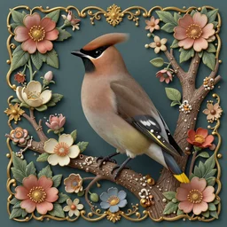 ethereal bohemian waxwing bird, bombycilla garrulus, intricate details, ornate, detailed illustration, octane 3 d render, johanna rupprecht style, william morris style, trending on artstation, a bird sitting on top of a tree filled with flowers, by marco mazzoni, featured on cgsociety, rococo, whimsical